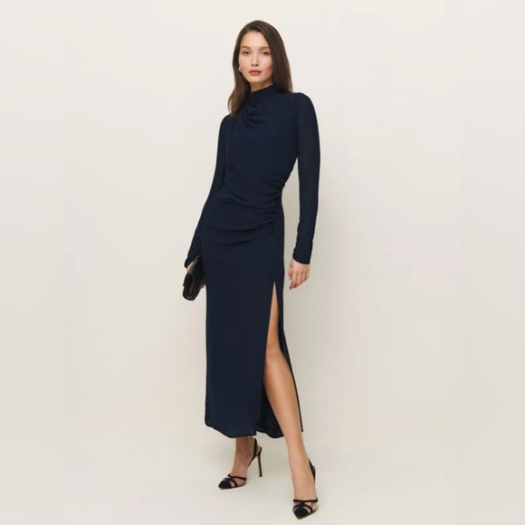 NWT Reformation Tilda High Mock Neck Long Sleeve Slit Maxi Dress Gown Navy Blue - Picture 1 of 14